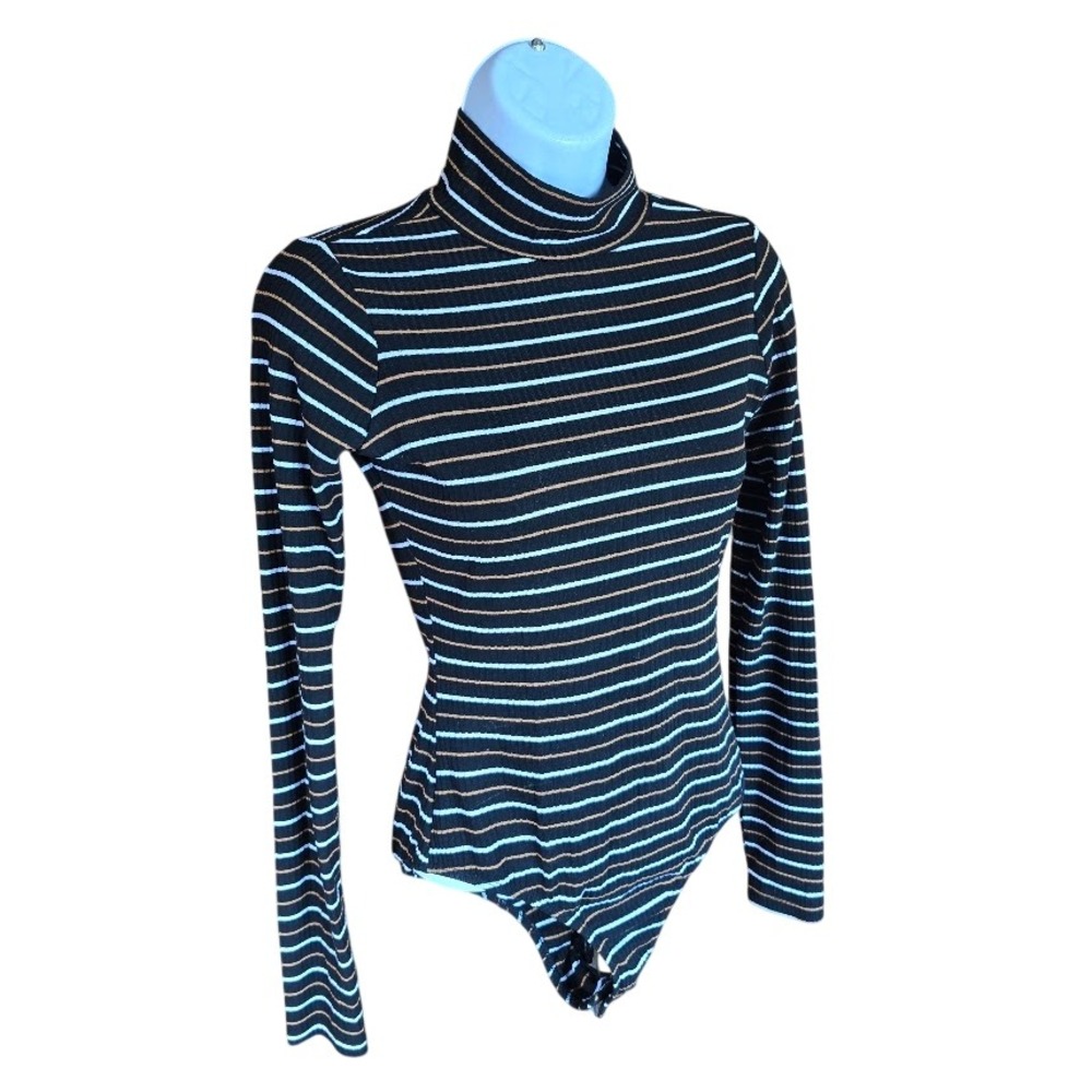 BP Nordstrom Striped Mock Neck Bodysuit Women XS Black Brown Ribbed‎ Minimalist